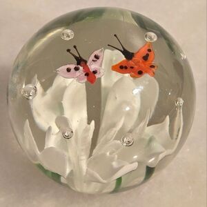 Vintage Art Glass Paperweight Floral with Butterflies